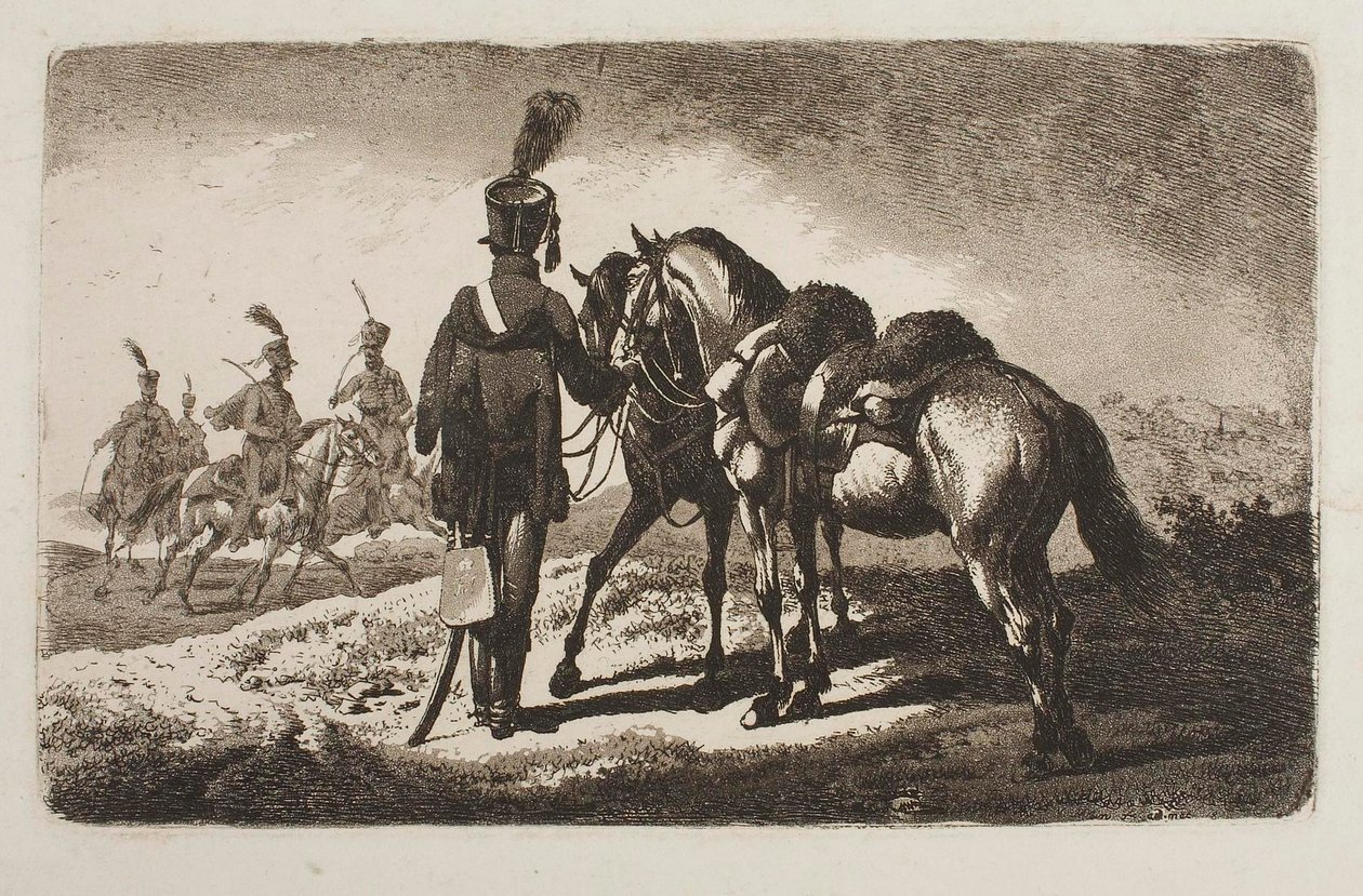 Huzaren met paarden door Johann Adam Klein