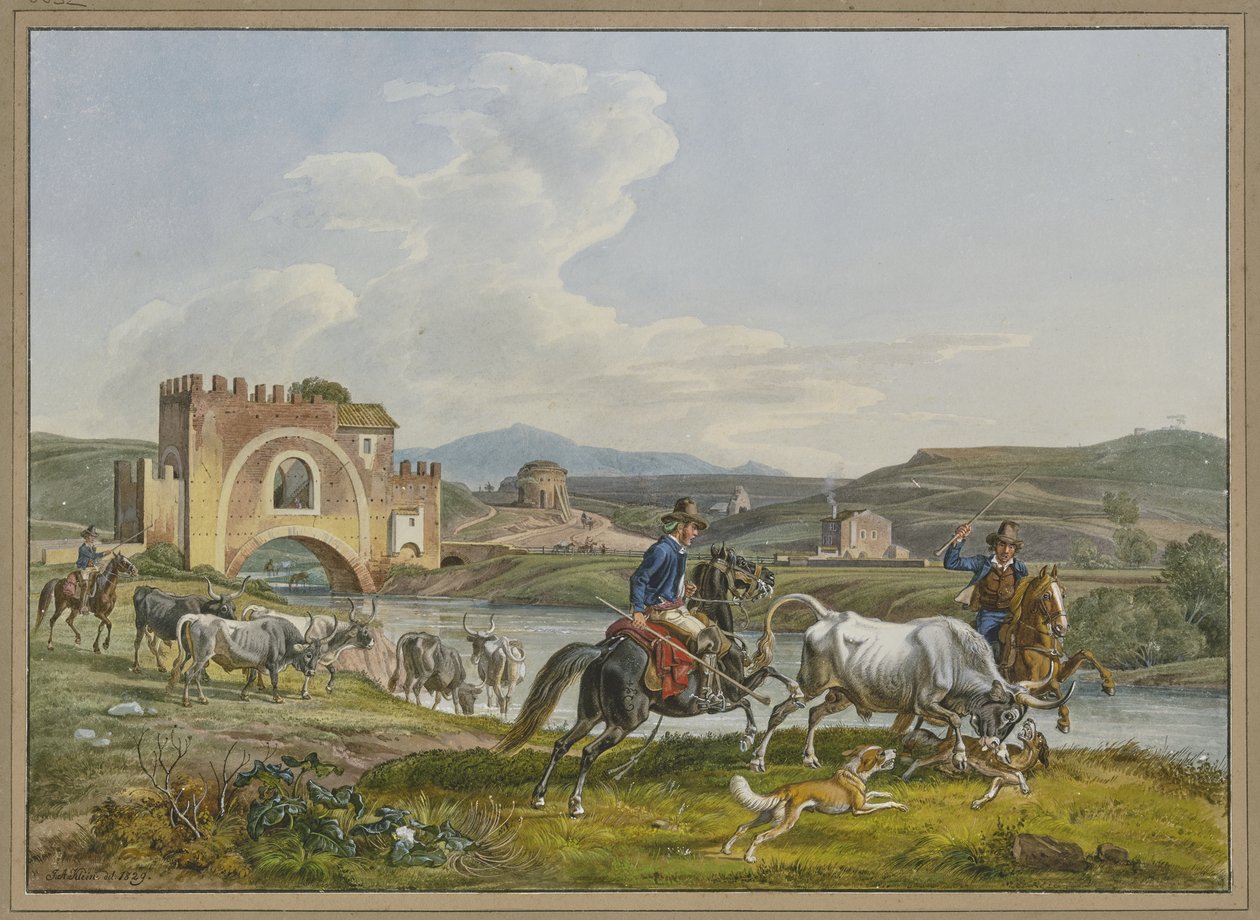 Romeinse Campagnoli vangen te paard met behulp van honden een stier door Johann Adam Klein