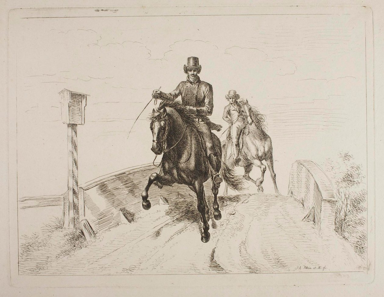 Twee ruiters in galop op een brug door Johann Adam Klein