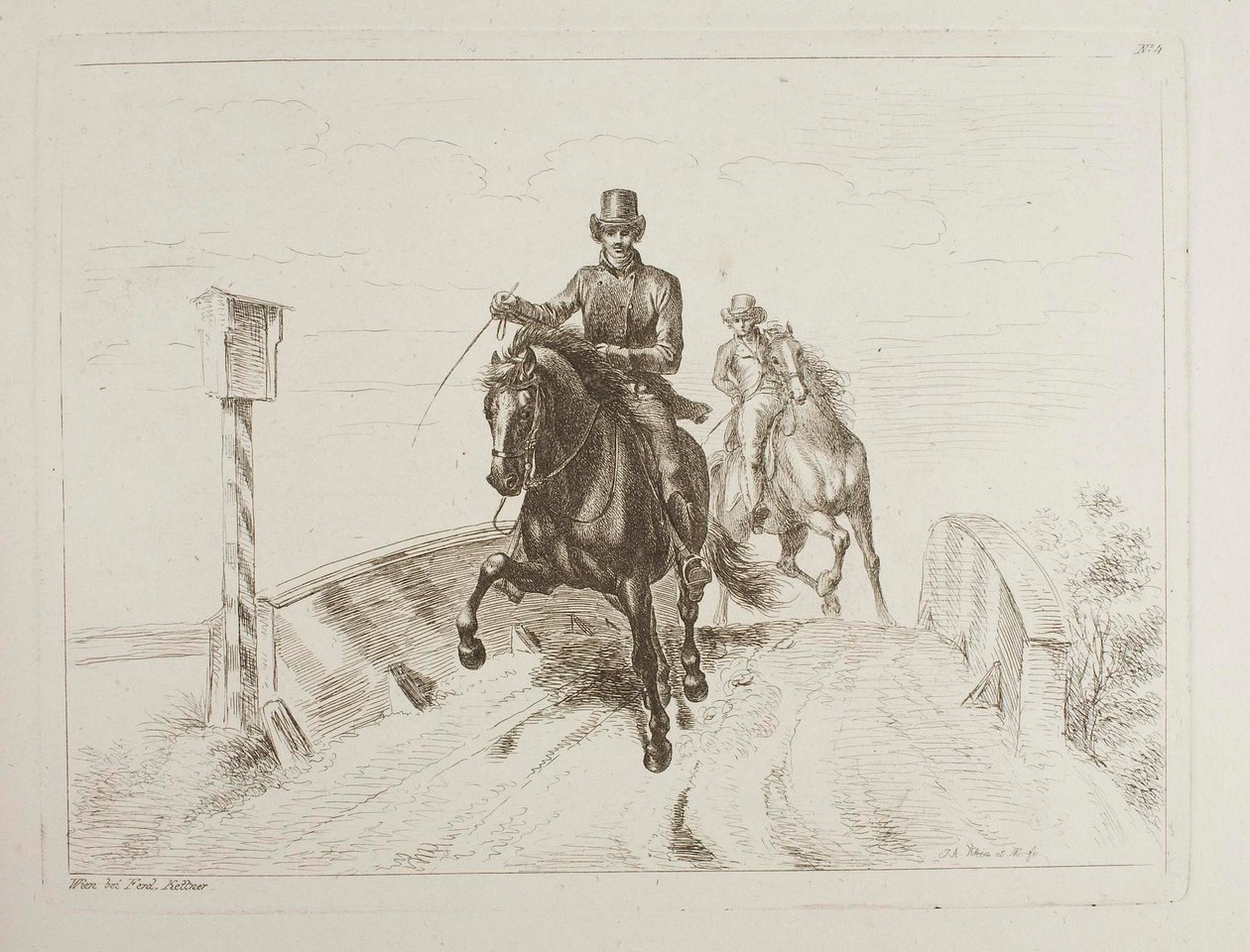 Twee ruiters in galop op een brug door Johann Adam Klein