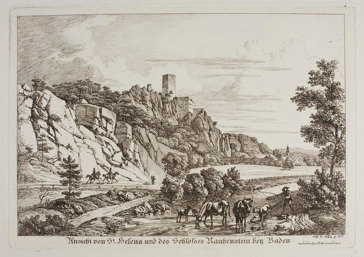 Gezicht op Sint-Helene en kasteel Rauhenstein bij Baden door Johann Adam Klein
