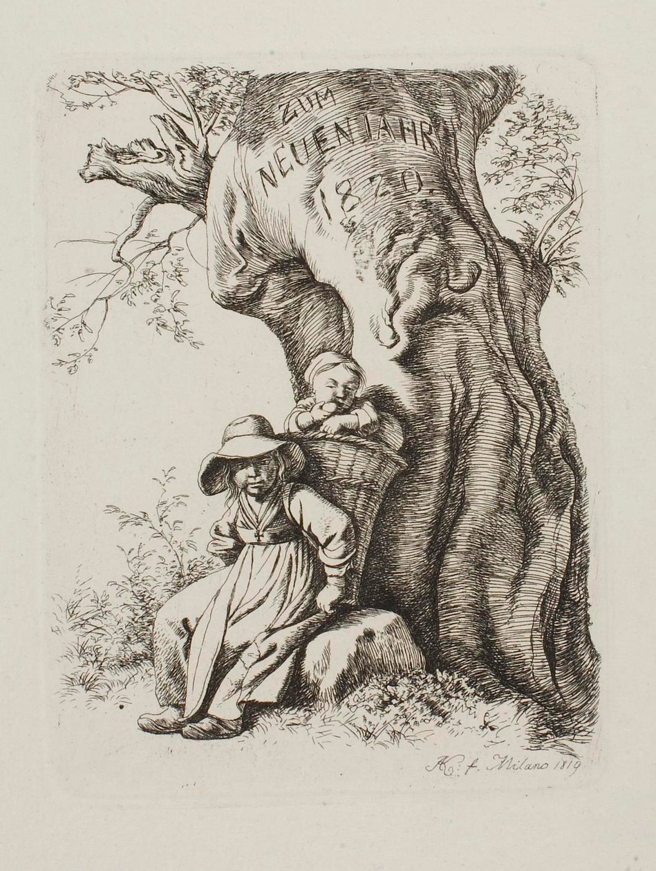 Voor het nieuwe jaar 1820. Boerin met een kind door Johann Adam Klein