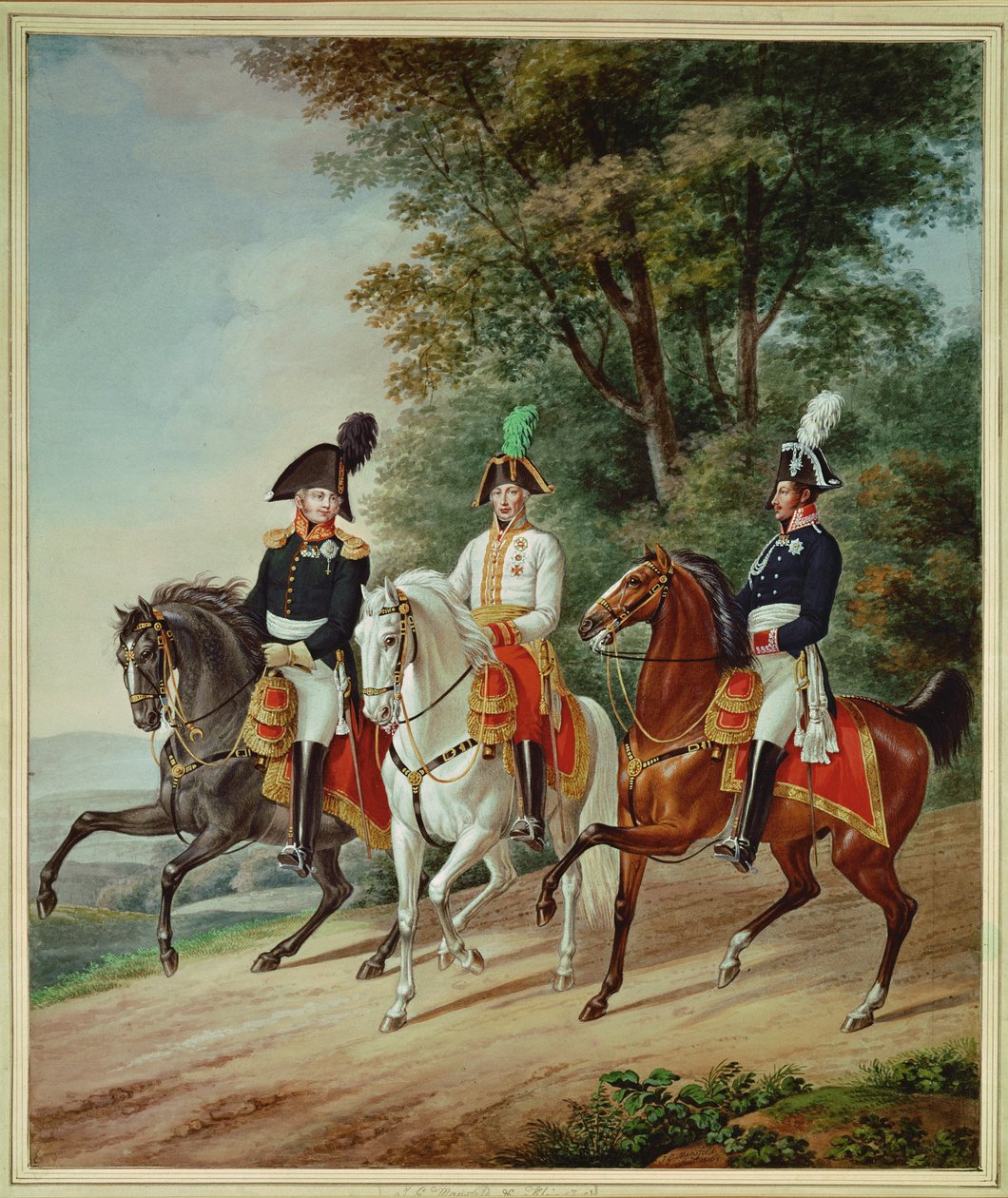 De drie vorsten te paard: Keizer Frans I, tsaar Alexander I, koning Friedrich Wilhelm III door Johann Adam & Mansfeld Johann Georg (1764 1817) Klein