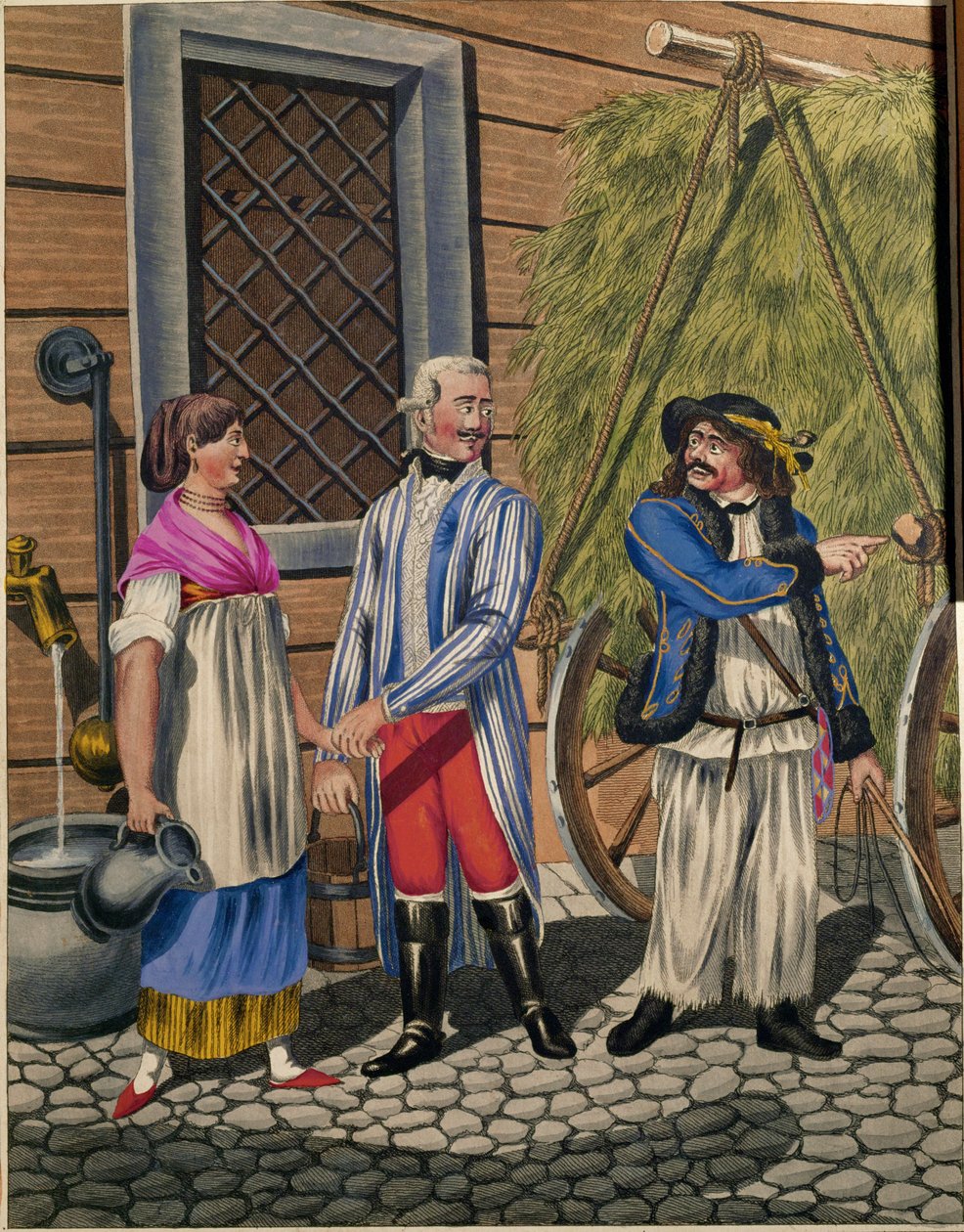 Koetsier van een heer, dienstmeisje en hooiverkoper, uit een serie Weense Types ... door Johann Adolph Opitz