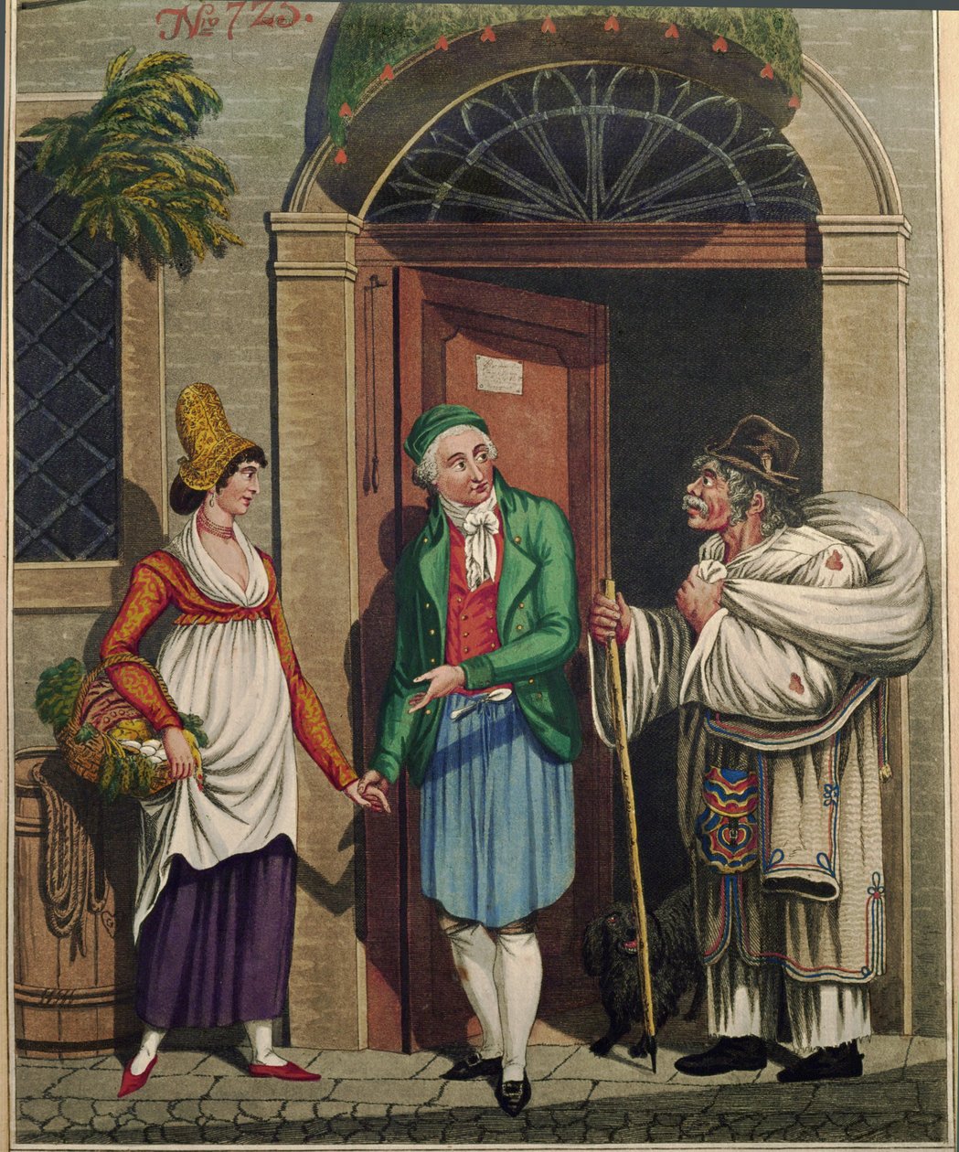 Kok en butler met Kroatische handelaars die linnen verkopen, uit een serie Weense ... door Johann Adolph Opitz