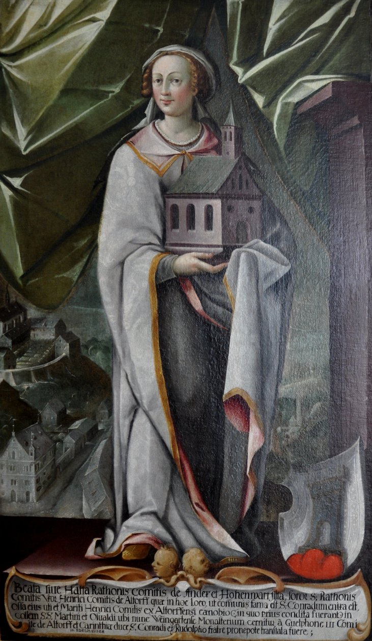 Duits: Hatta von Hohenwart, vrouw van Heinrich von Altdorf, stichter van het klooster in Altdorf rond 935 door Johann Andreas Rauch