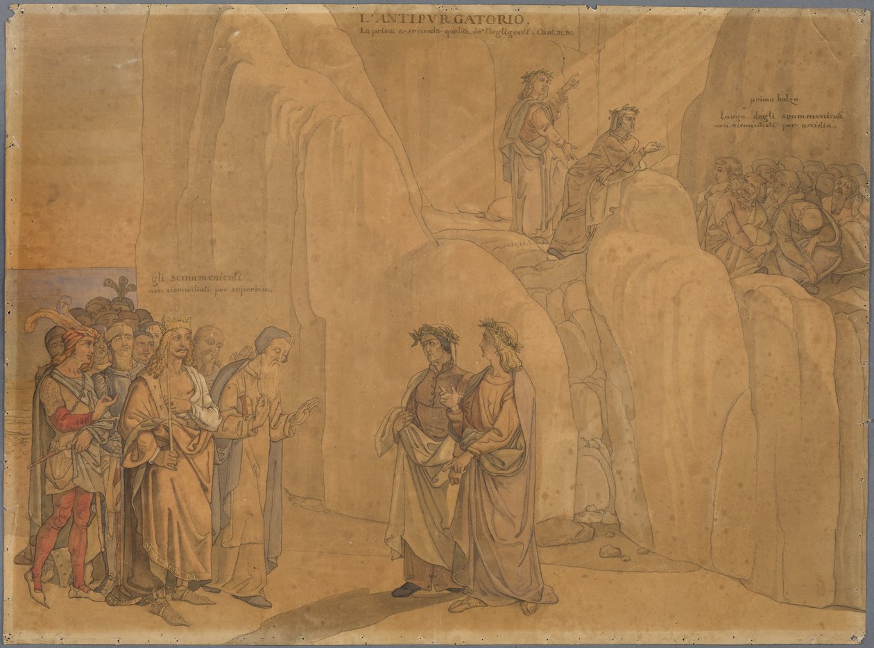 Dante trifft Manfred, den ehemaligen König von Apulien und Sizilien, an einer Felswand, der sich ihm zu erkennen gibt und Verschiedenes mitteilt; oben auf dem Felsen sehen sie die kirchlich Verbannten Buße tun door Johann Anton Ramboux