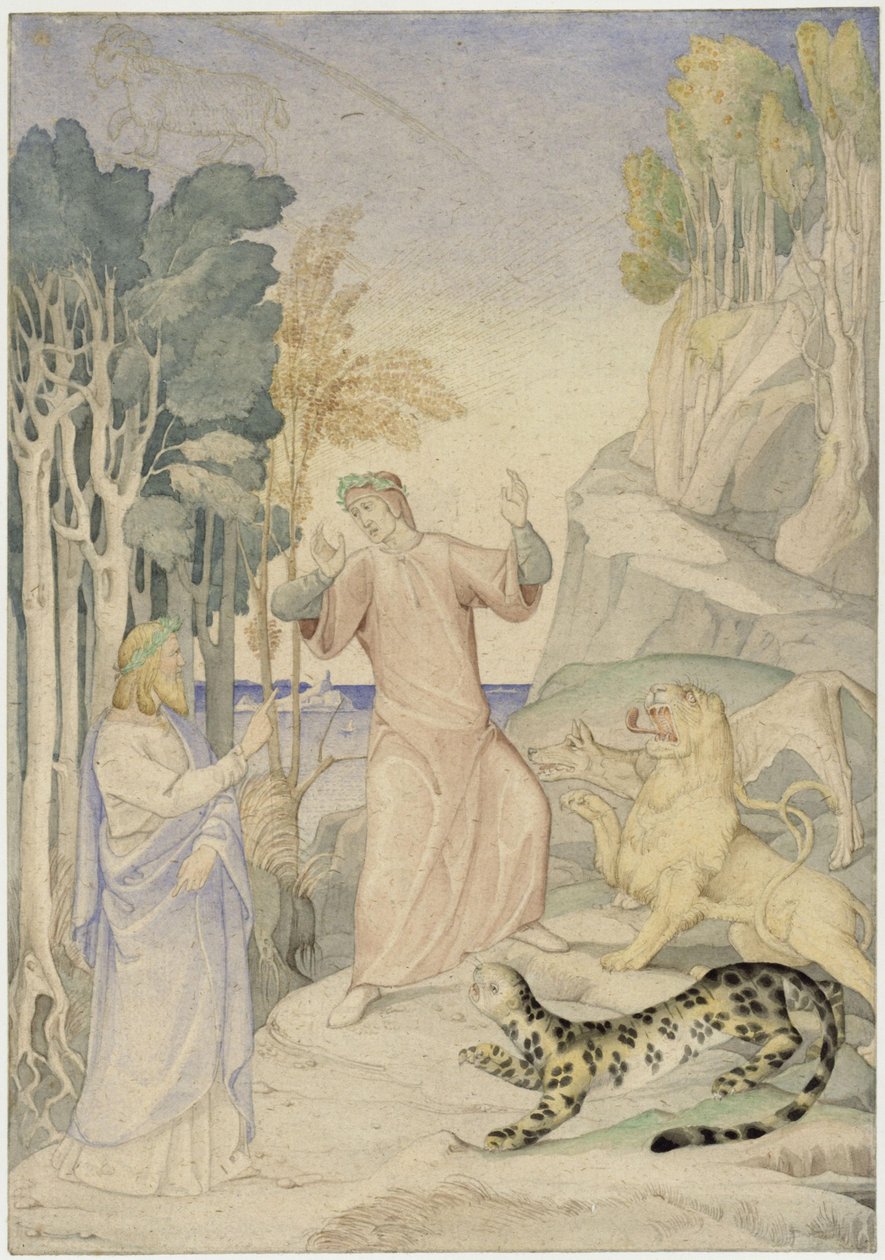 Dante en Vergilius voor de drie wilde dieren bij de ingang van de hel door Johann Anton Ramboux