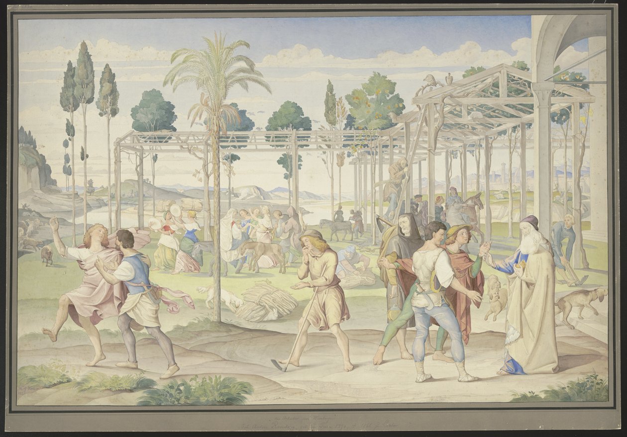 Geïnspireerd door de gelijkenis van de arbeiders in de wijngaard, Primaticcio’s Tuin van Vertumnus en Poussin’s Rijk van Flora door Johann Anton Ramboux