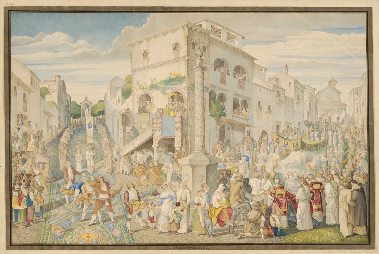Feest dat in de volksmond bekendstaat als de ‘Infiorata’, tijdens de octaaf van Corpus Christi in Genzano door Johann Anton Ramboux