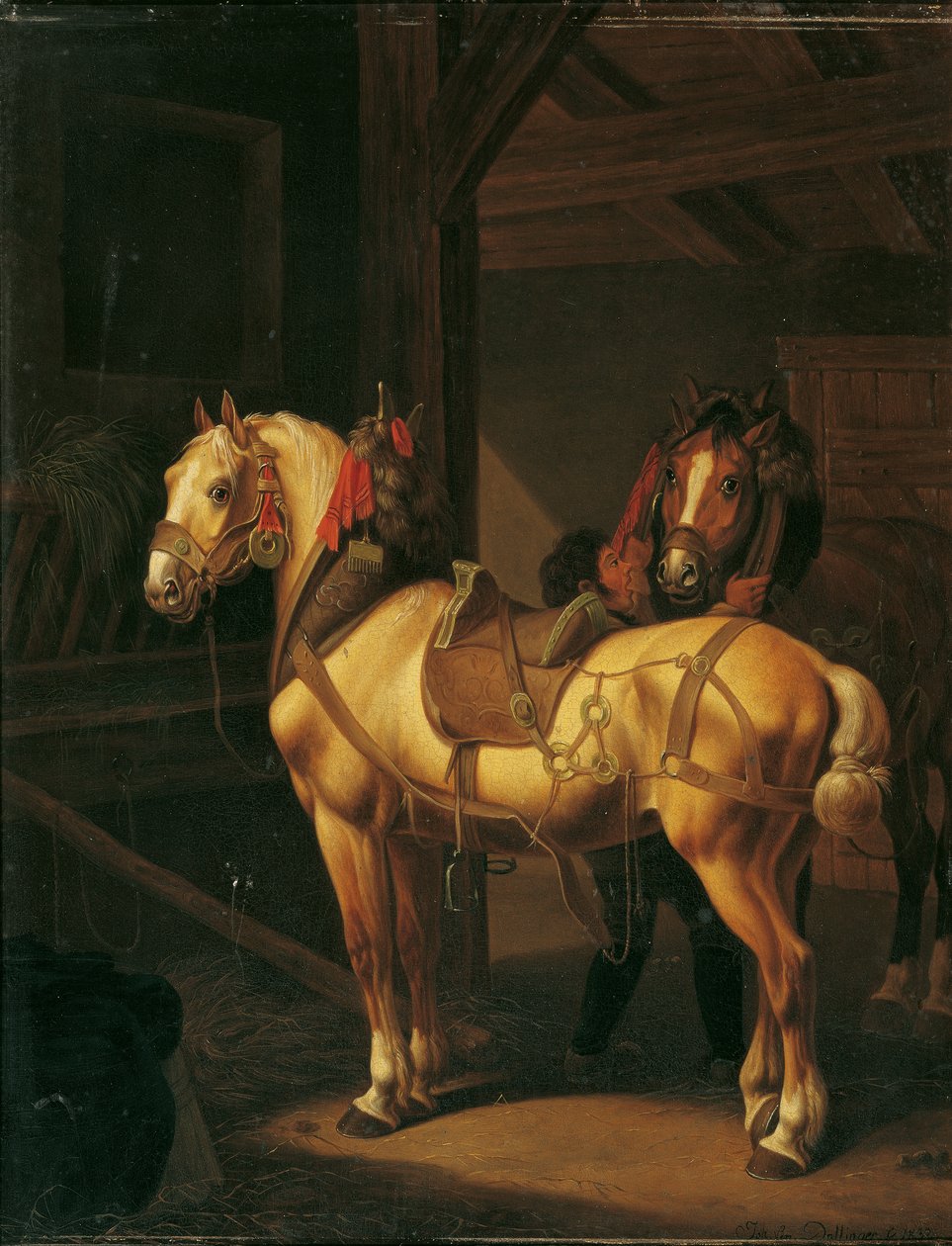 Twee trekpaarden in de stal door Johann Baptist Michael Dallinger von Dalling