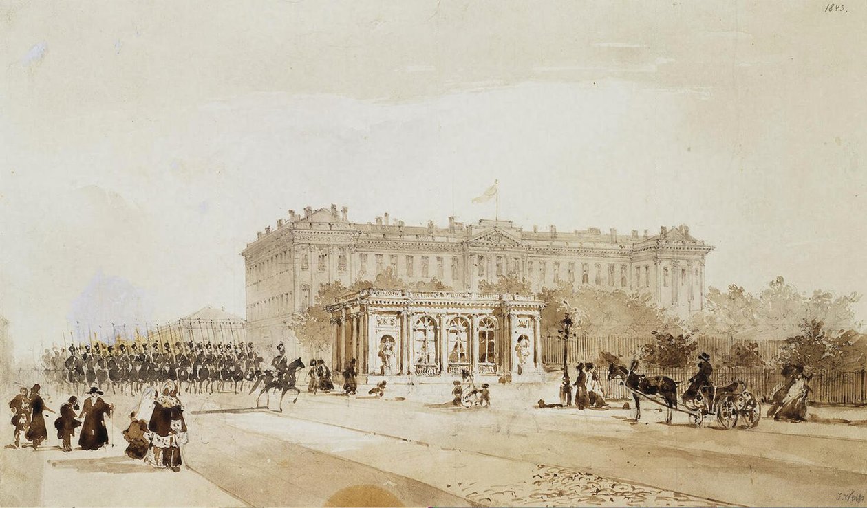 Uitzicht op het Anichkov-paleis in Sint-Petersburg, 1843 door Johann Baptist Weiss
