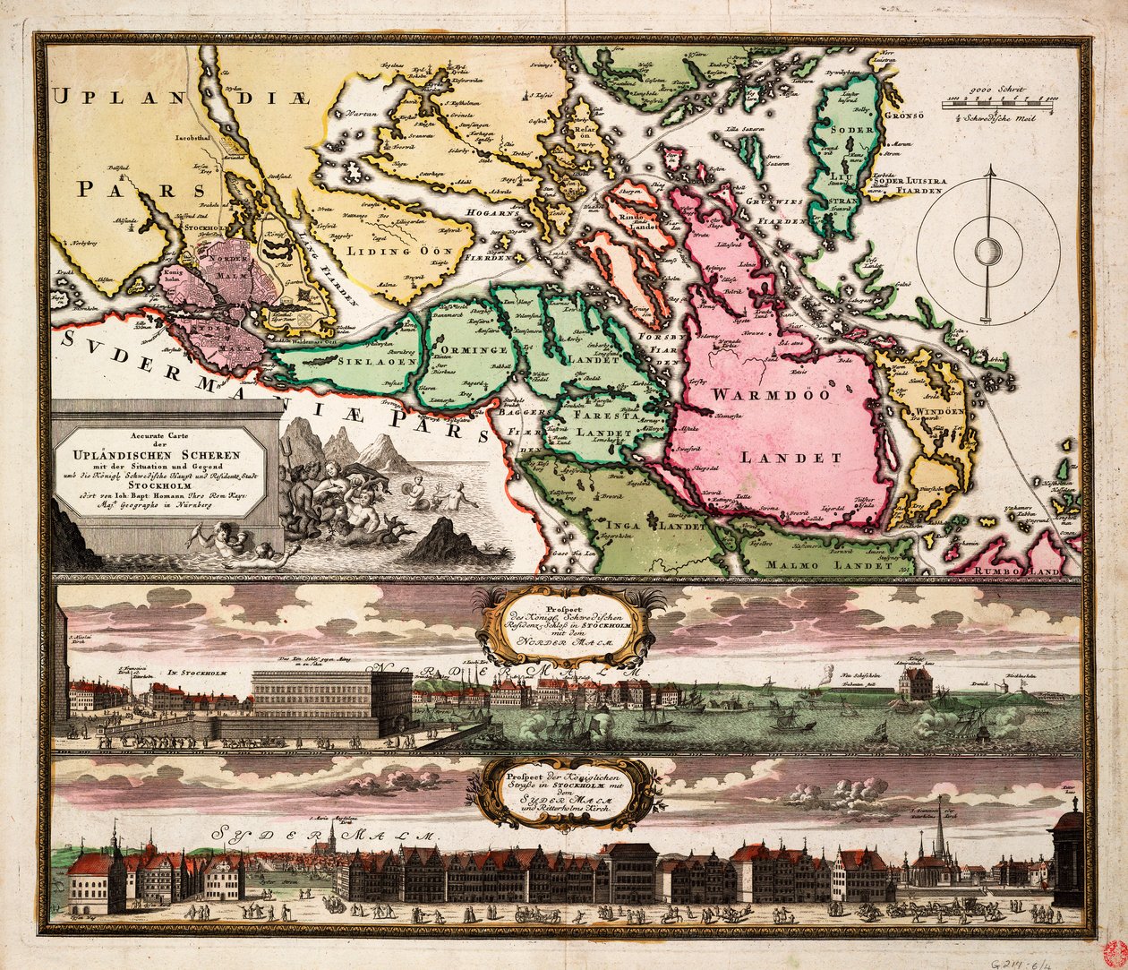 Nauwkeurige kaart van de Upland Shears met de situatie en omgeving rond de Koninklijke Zweedse hoofdstad en residentiestad Stockholm, c.1740 door Johann Baptista Homann