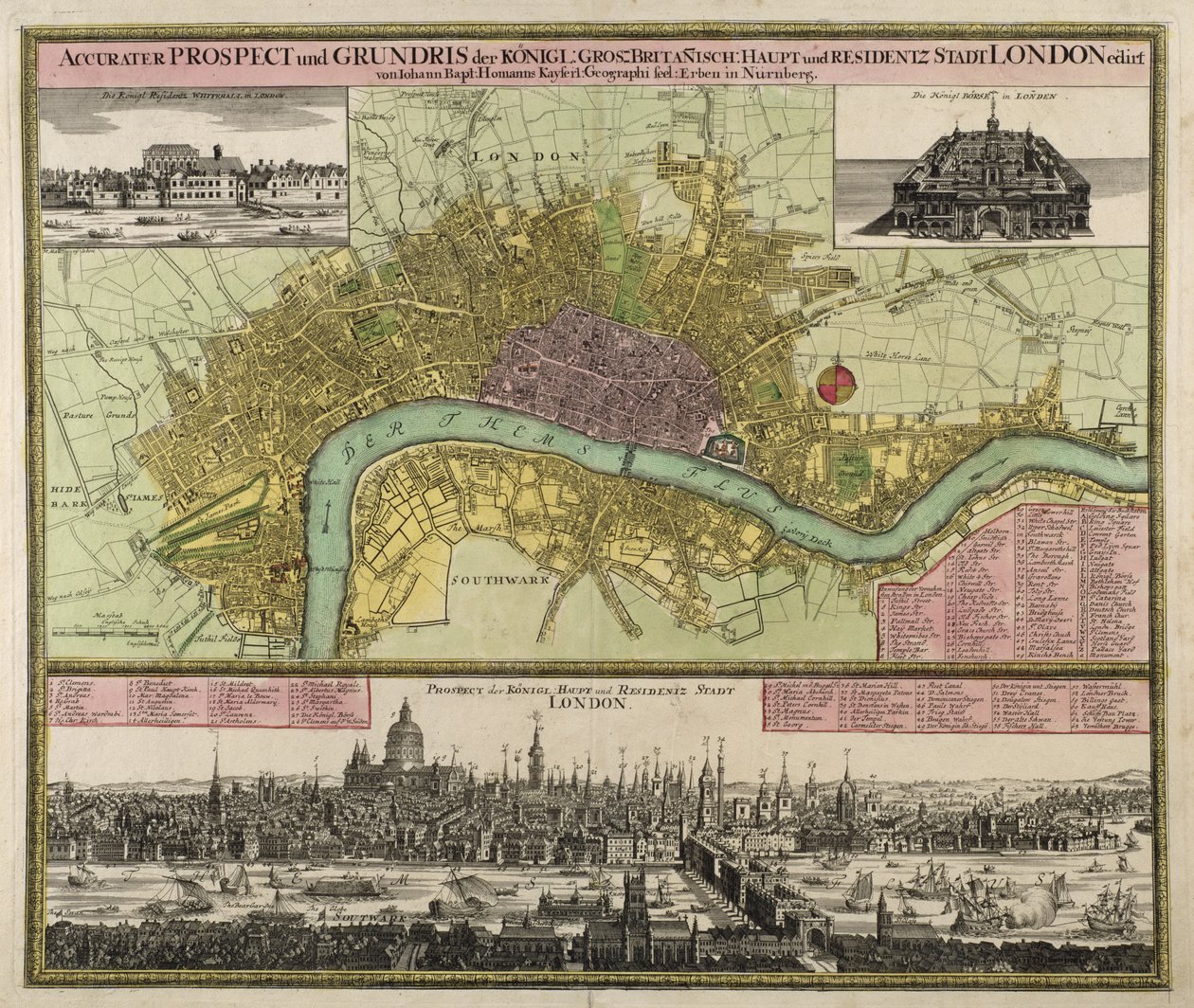 Kaart en Uitzicht op Londen, ca. 1710 door Johann Baptista Homann