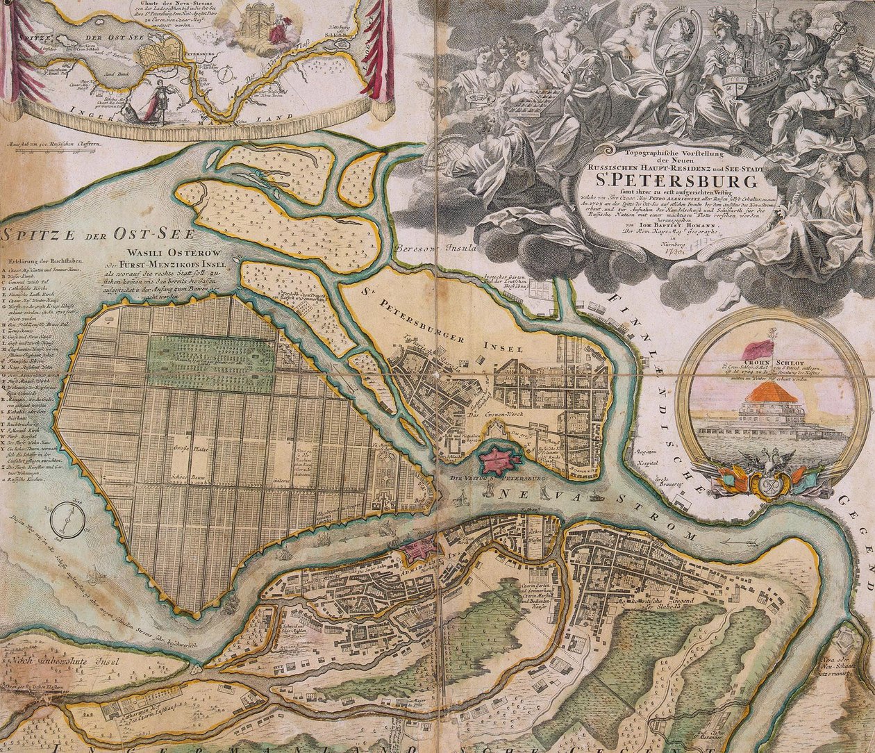 Kaart van Petersburg Sint-Petersburg masterplan, ca. 1718-1719 door Johann Baptista Homann