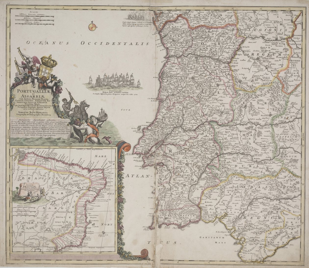 Portugal en Algarve (Portugallia et Algarbiae), c.1704 (handgekleurde ets) door Johann Baptista Homann