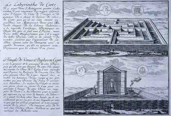 Het Labyrint op Kreta en de Tempel van Venus, Paphos, Cyprus, beide genomen van ontwerpen gevonden op oude Romeinse munten uit 