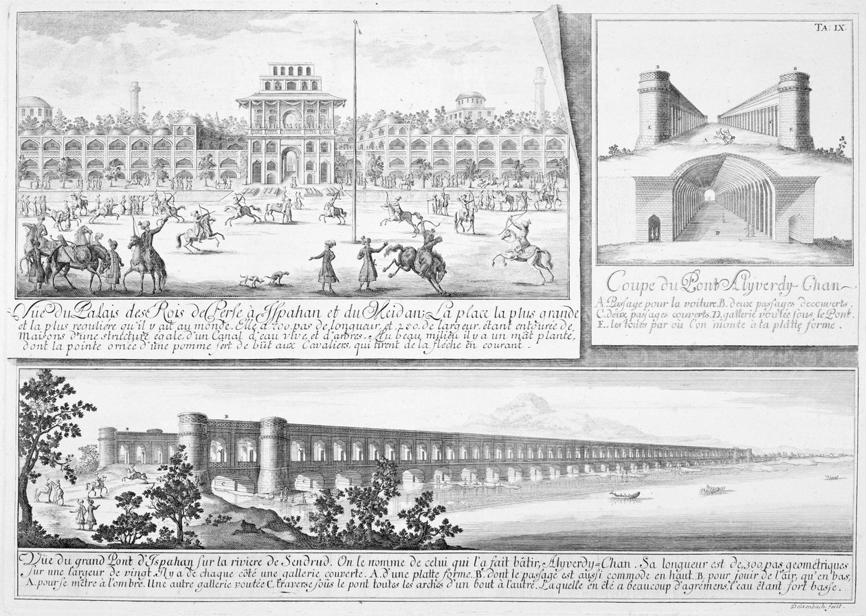 Het Koninklijk Paleis in Isfahan, een dwarsdoorsnede van de Alyverdy-Chan Isfahan Brug en een uitzicht op de Alyverdy-Chan Isfahan Brug, uit Entwurf einer historischen Architektur, gegraveerd door Johann Adam De door Johann Bernhard Fischer von Erlach