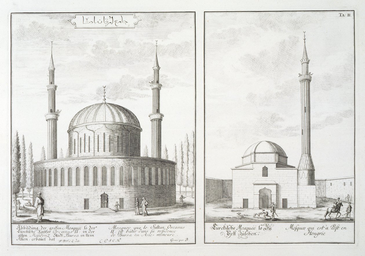 Uitzicht op een moskee in Bursa en een moskee in Hongarije, uit 