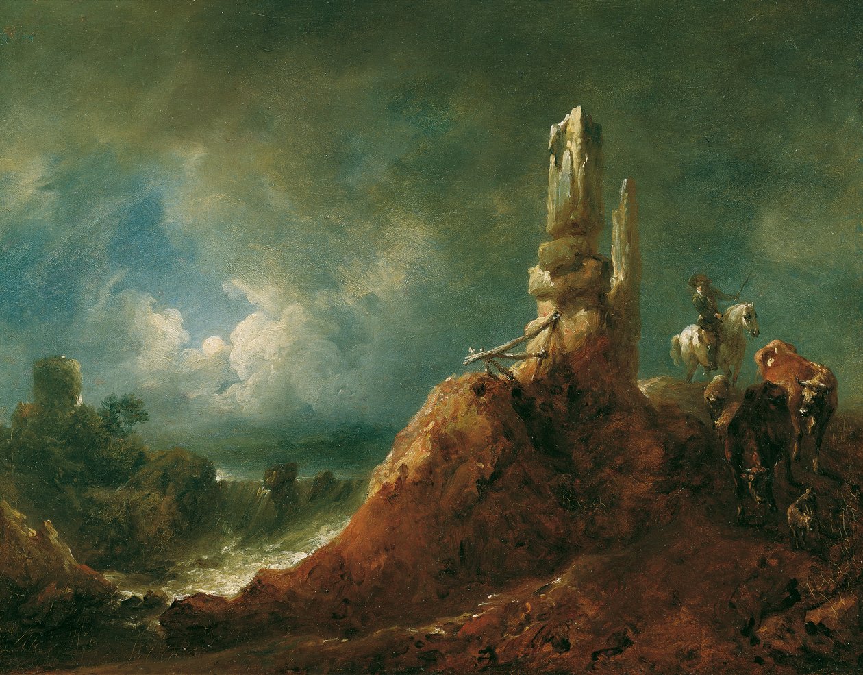 Landschap met ruïne en ruiter bij maanlicht door Johann Christian Brand