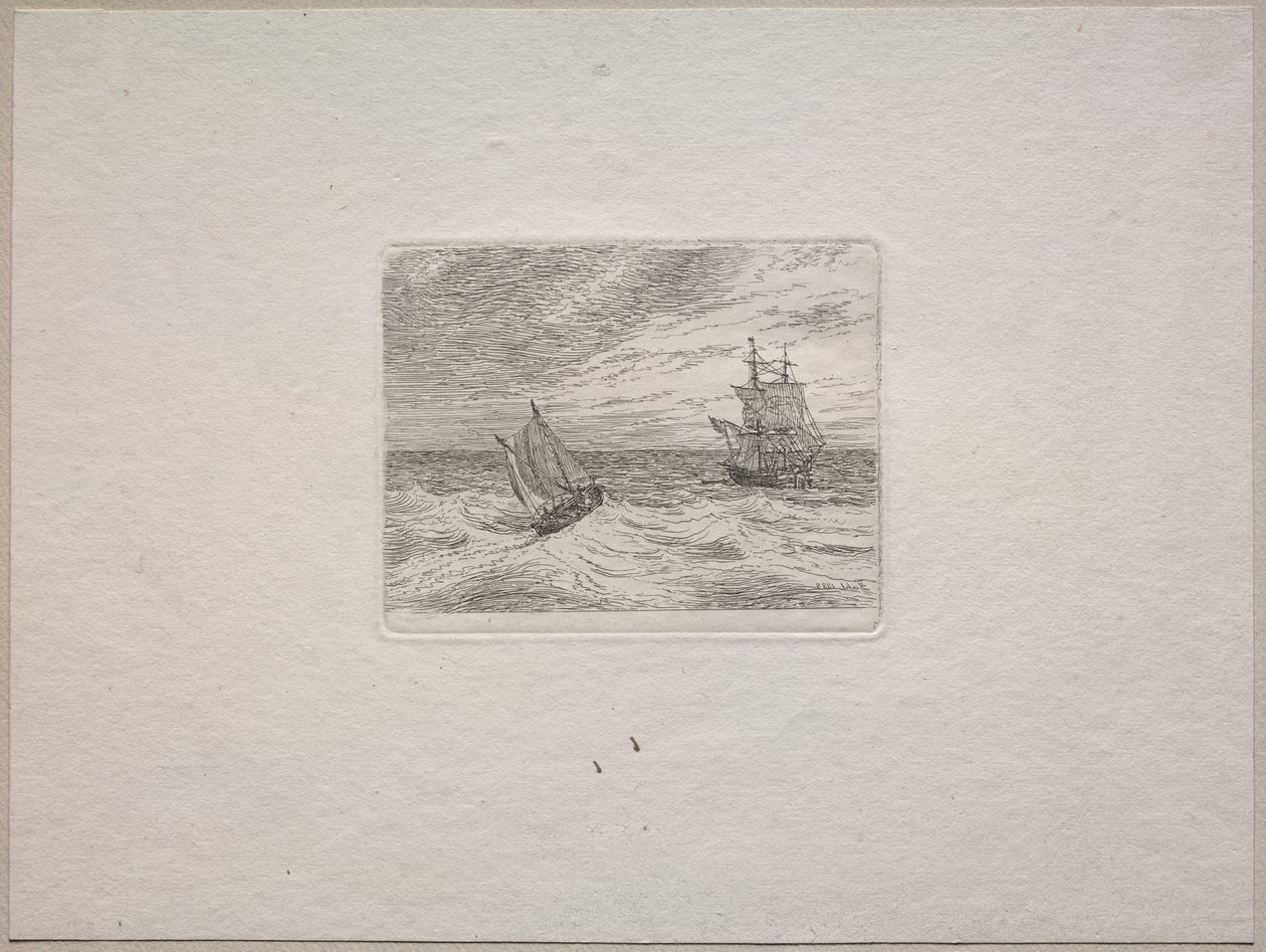 Woeste Zee met een Tweemaster en Zeilboot door Johan Christian Dahl