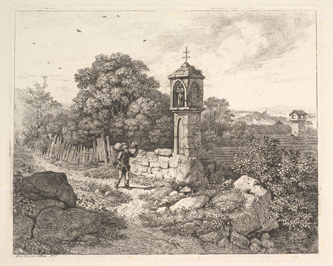 Een boer begroet het standbeeld van Maria door Johann Christian Erhard