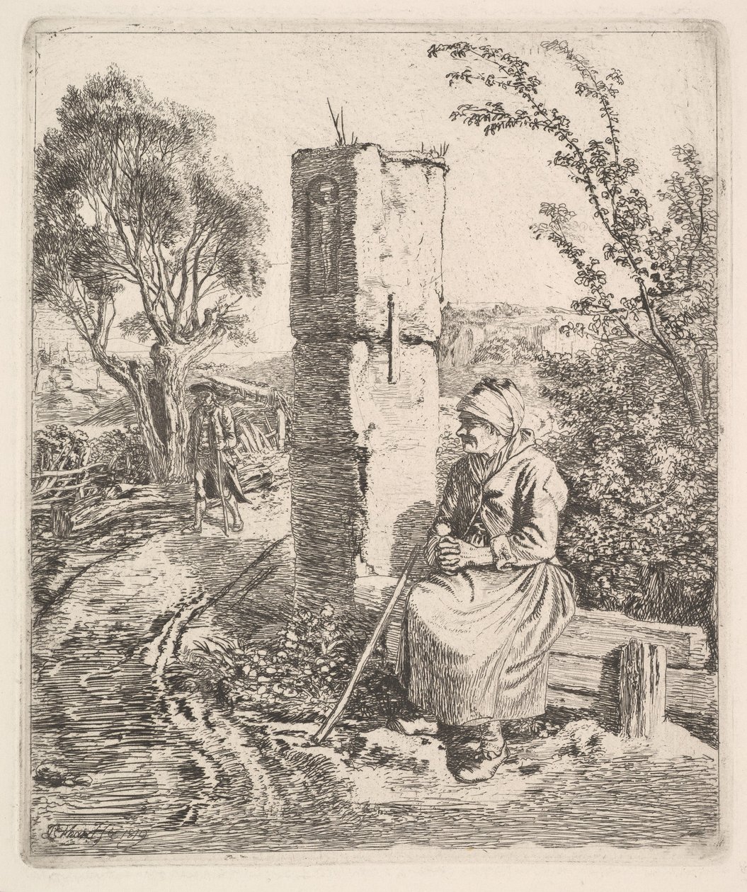 Een oude dame zittend bij een pilaar aan de kant van de weg, 1819 door Johann Christian Erhard