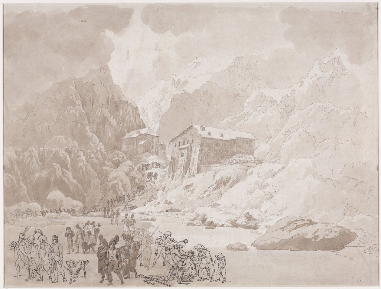 Doortocht van soldaten op de St. Bernard door Johann Christian Ernst Müller