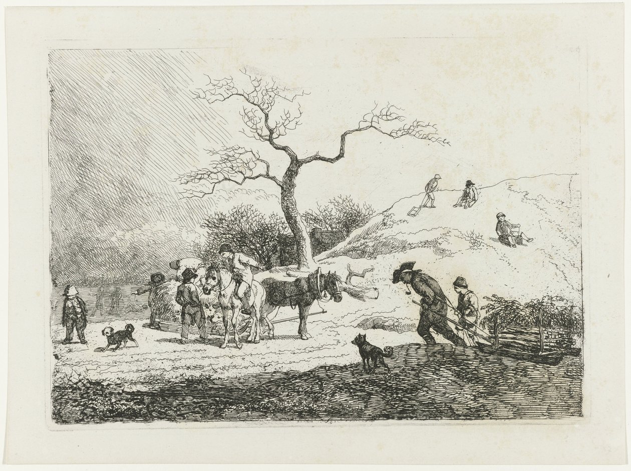 Winterlandschap met sleënde kinderen en verschillende treksleden door Johann Christian Klengel