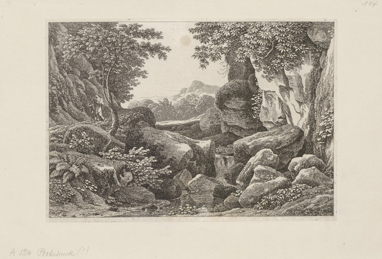 Rotsachtig landschap met een lopende herder links door Johann Christian Reinhart