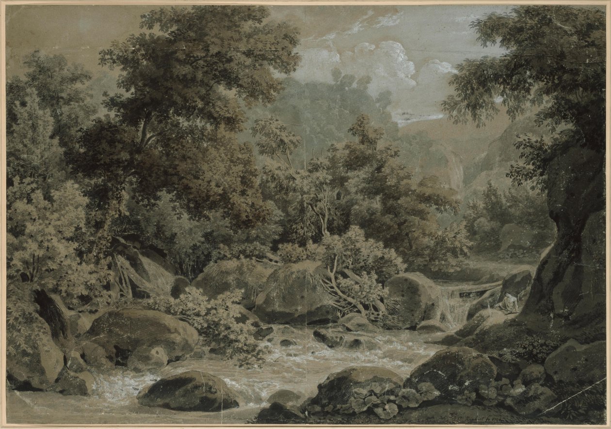Berg- en boslandschap, met op de voorgrond een beekje door Johann Christian Reinhart