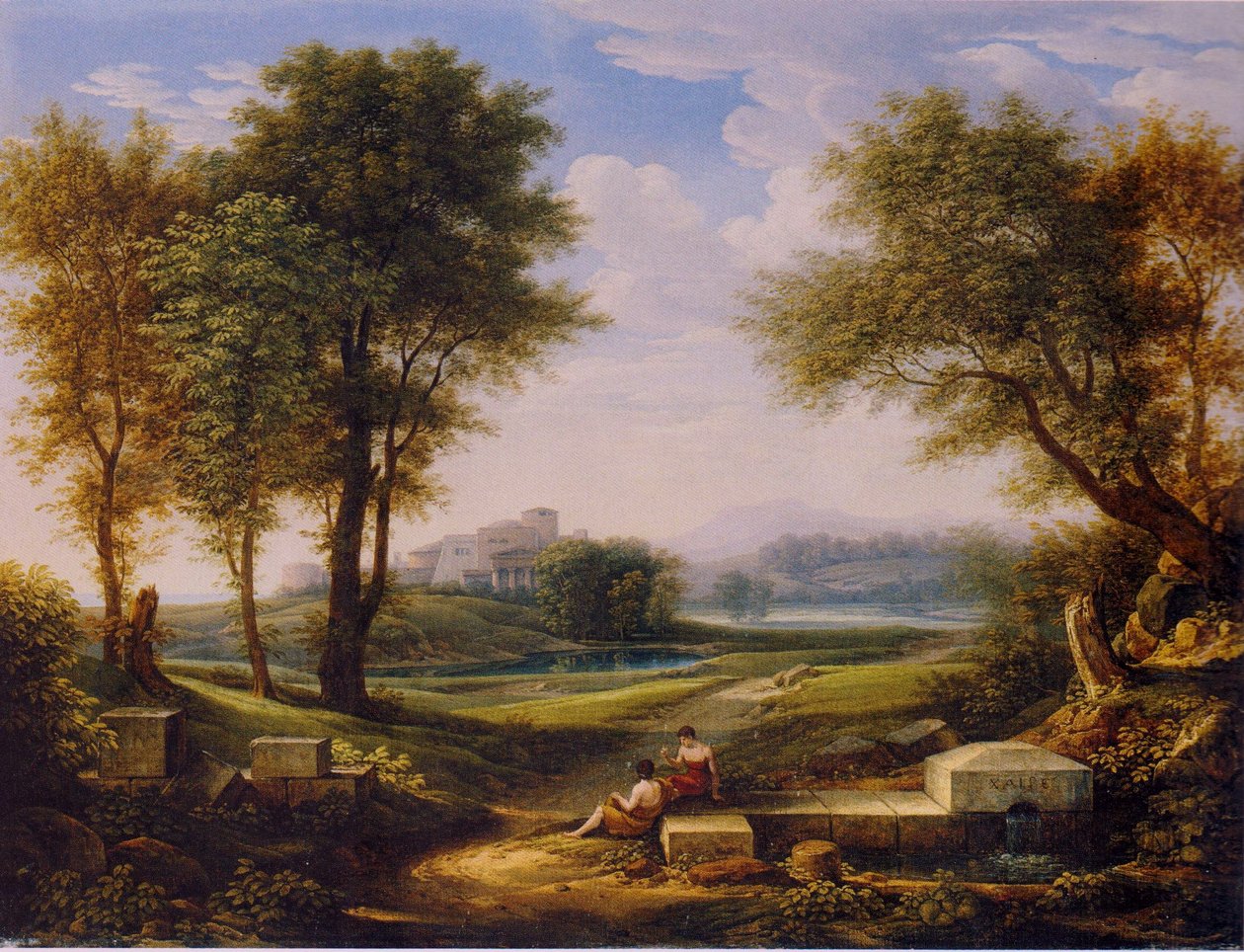 Duits: Ideaal landschap met twee herders bij een bron. door Johann Christian Reinhart