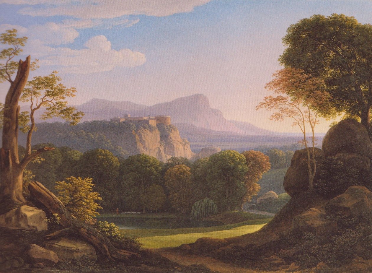 Duits: Italienische Landschaft mit Schloss auf einem Bergrücken Italiaans landschap met kasteel op een heuvelrug door Johann Christian Reinhart