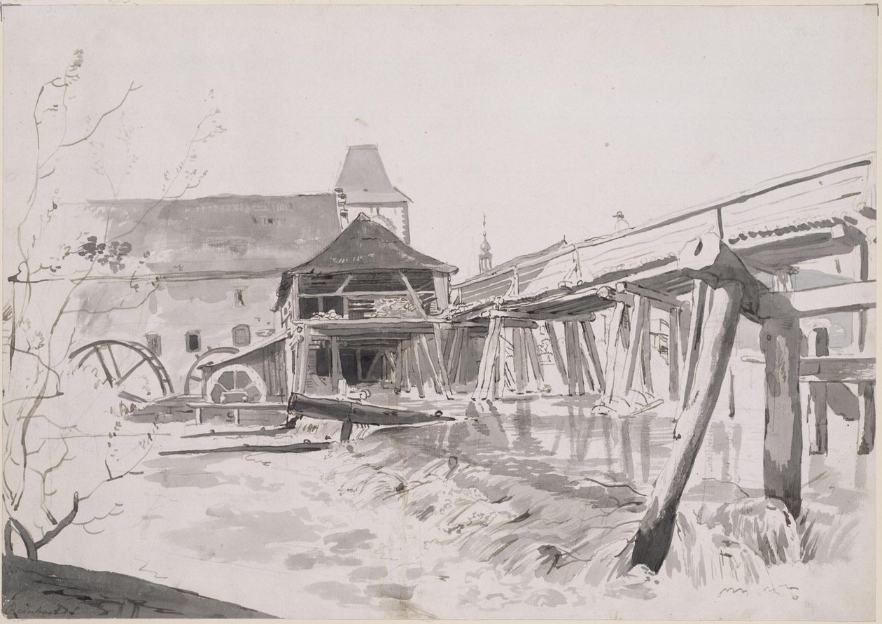 Houten brug met stuw en watermolen door Johann Christian Reinhart