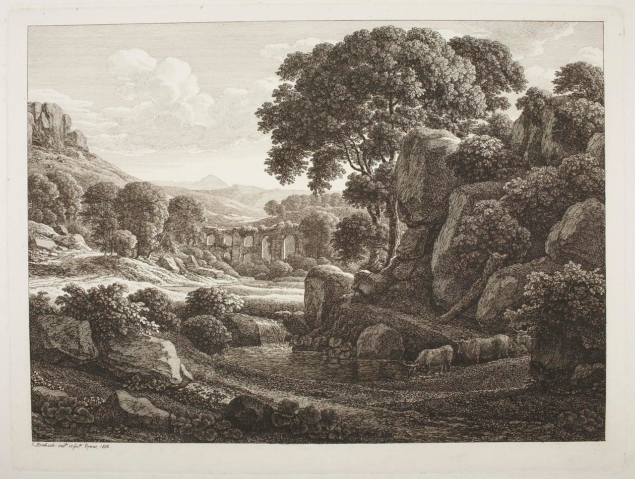 Italiaans landschap met ruïnes door Johann Christian Reinhart