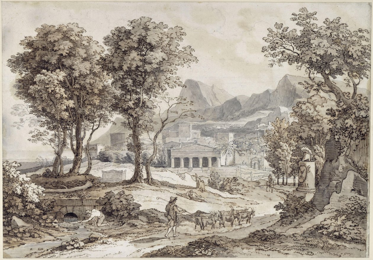 Klassiek landschap met het Leonidas-monument door Johann Christian Reinhart
