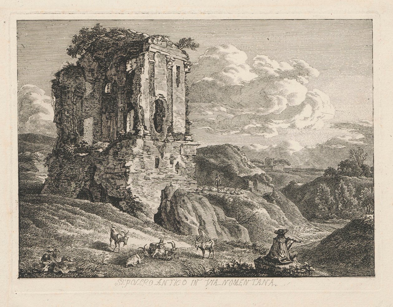 Landschap met een antieke graftombe; rechts geiten en een herder die op een fluit speelt door Johann Christian Reinhart