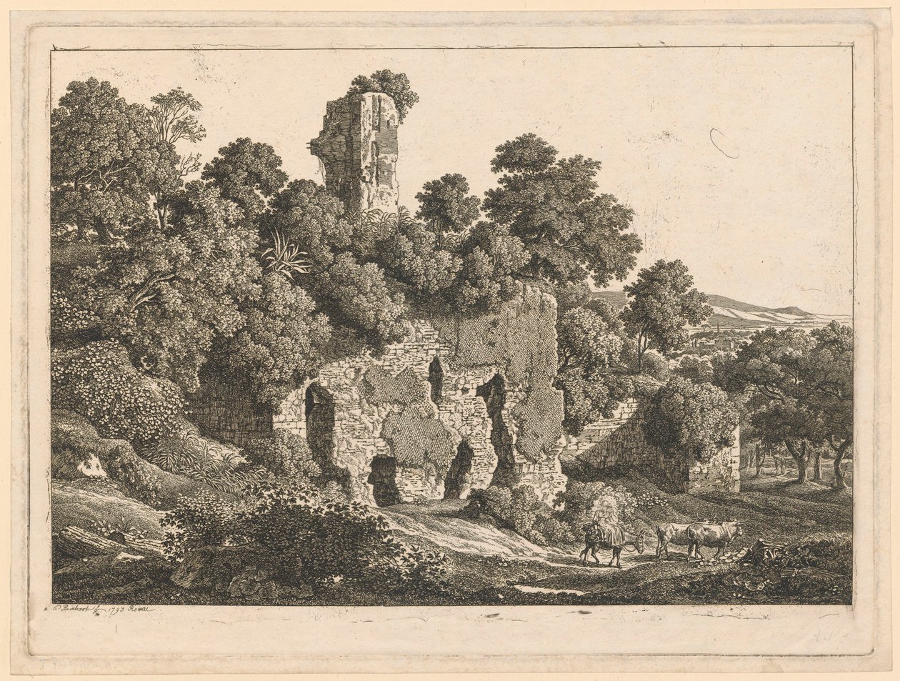 Landschap - Ruïnes van de villa van Ventidio Basso in Tivoli door Johann Christian Reinhart