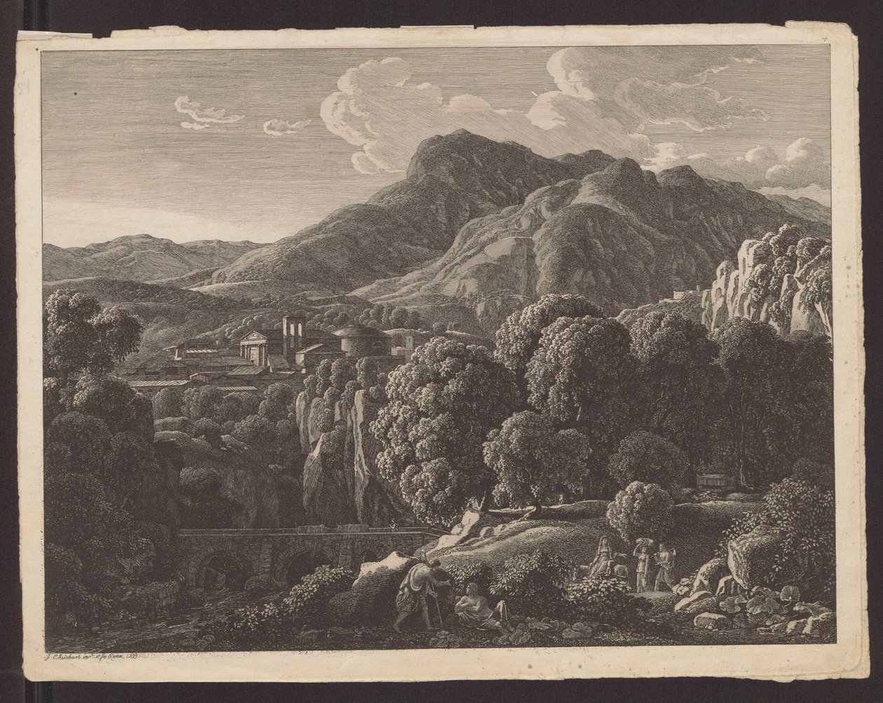 Een berglandschap met op de achtergrond een stad met klassieke architectuur door Johann Christian Reinhart