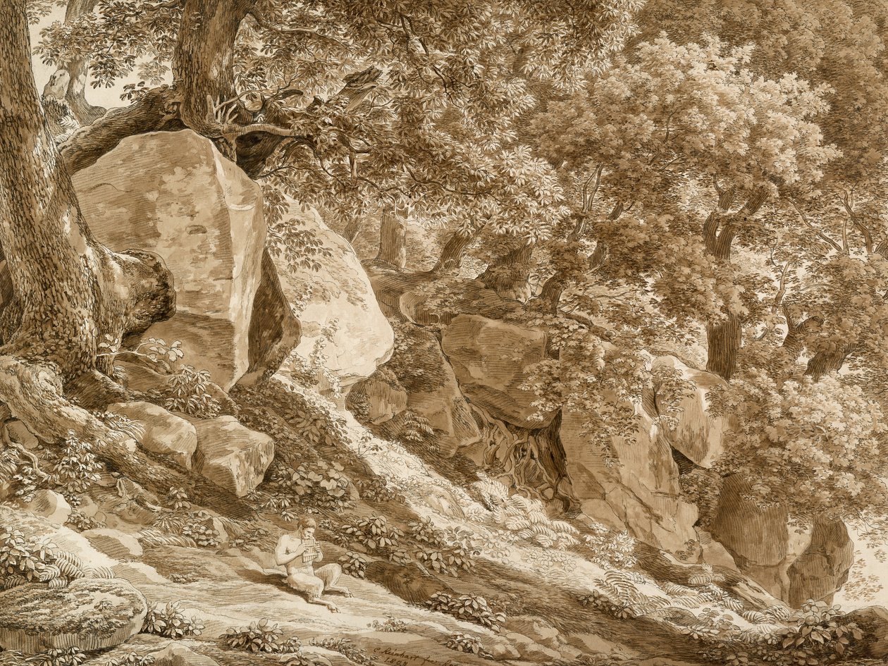 Rotsachtig landschap met Pan die zijn fluit speelt (In het park van de Villa Chigi, Ariccia) door Johann Christian Reinhart