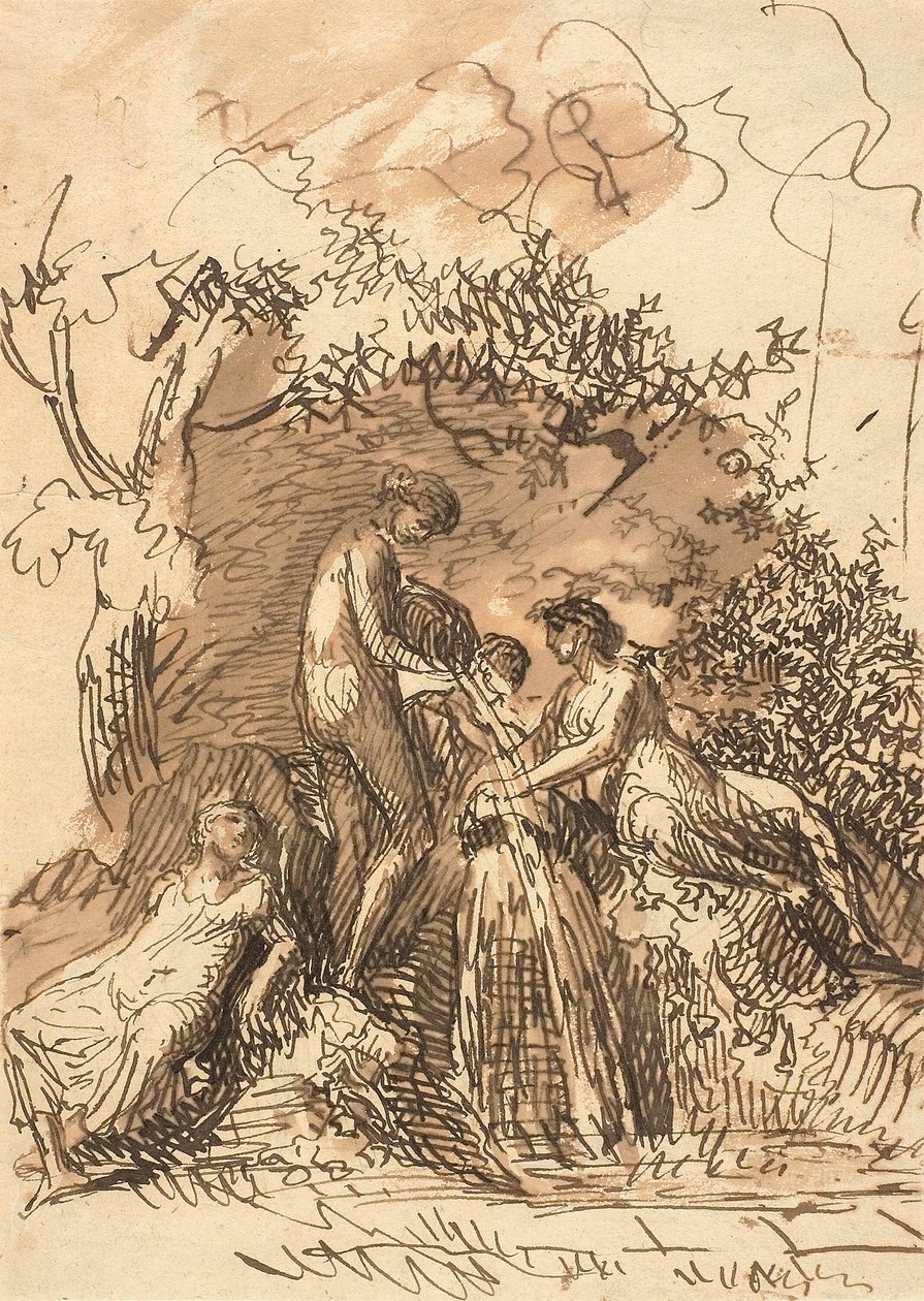 Jonge meisjes bij een fontein (recto); Fragment van schets van benen (verso) door Johann Christian Reinhart
