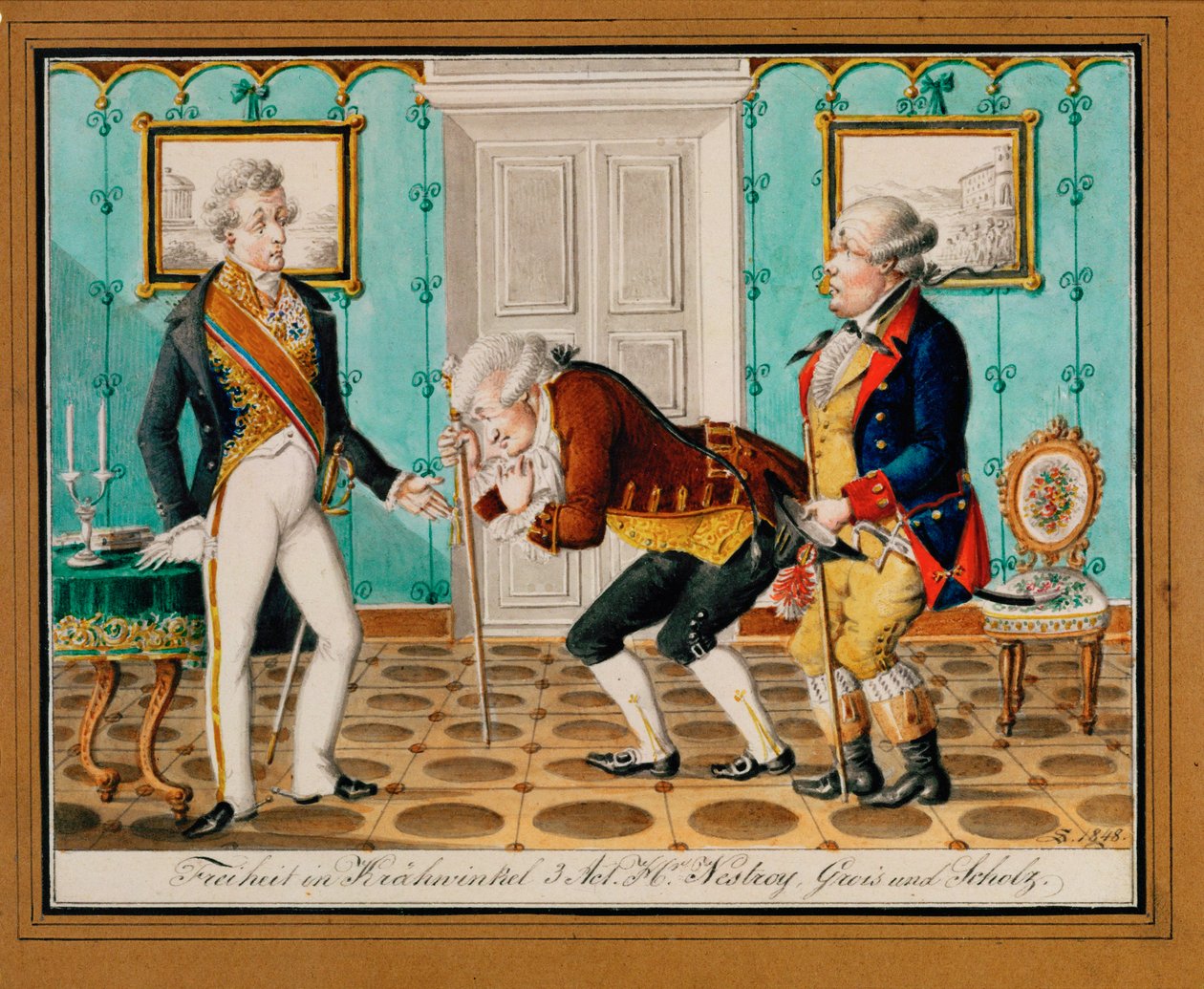 Een populair toneelstuk in Wenen toont dichter en acteur Johann Nestroy (gravure) door Johann Christian Schoeller