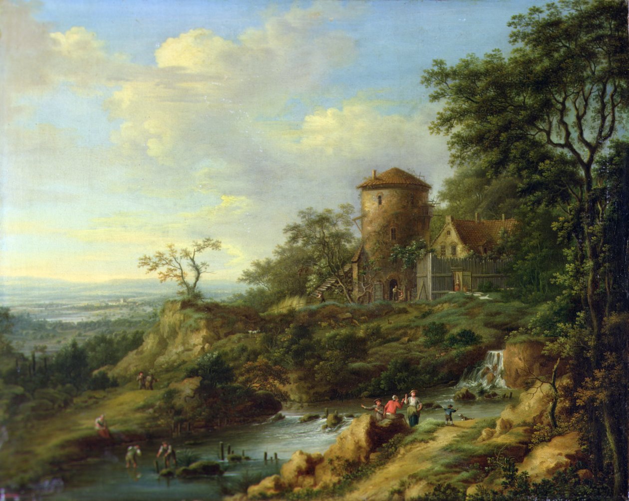 Rijnlandschap met vissers bij een toren (olieverf op doek) door Johann Christian Vollerdt or Vollaert