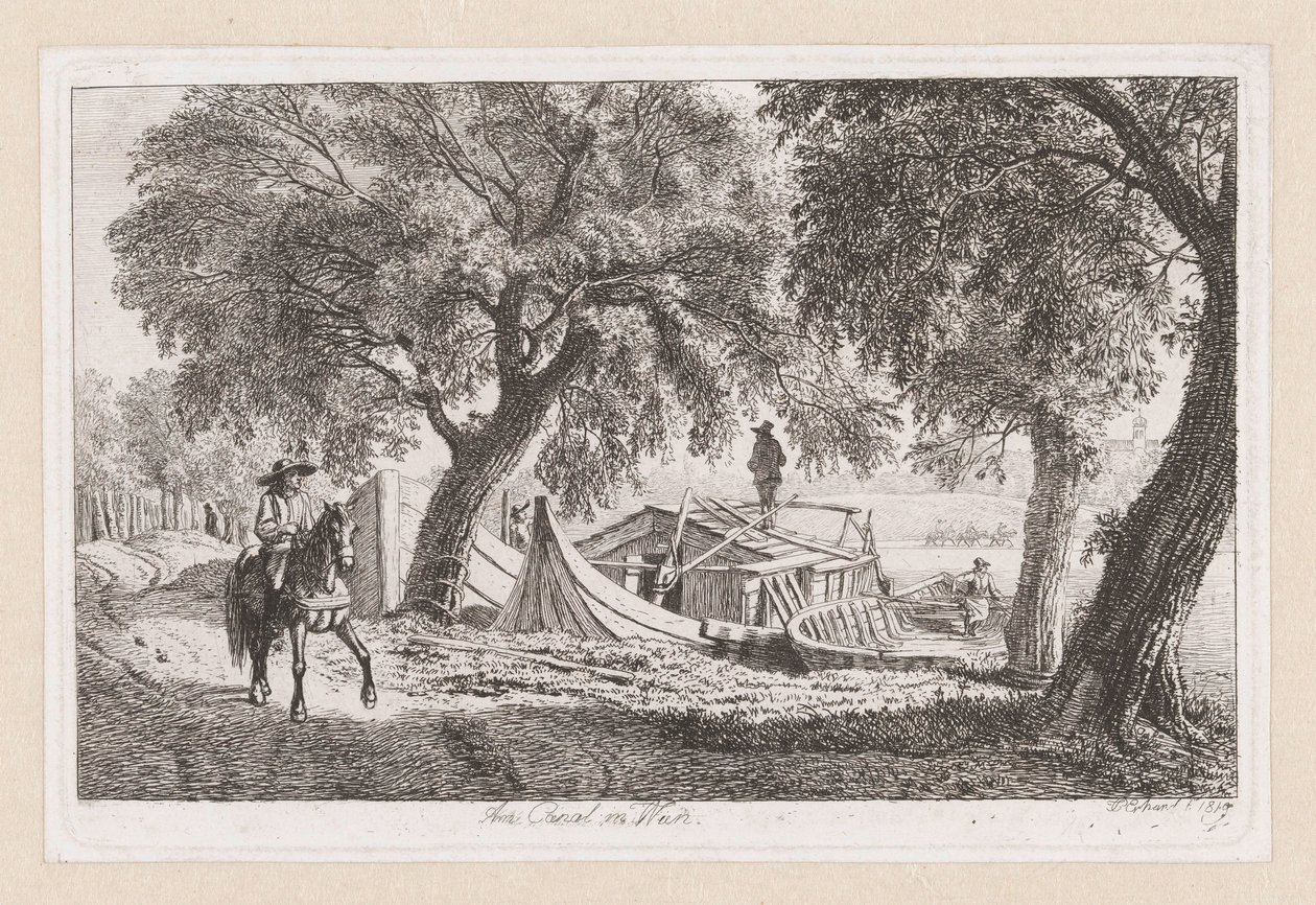 Aangemeerde boten bij een kanaal in Wenen door Johann Christoph Erhard