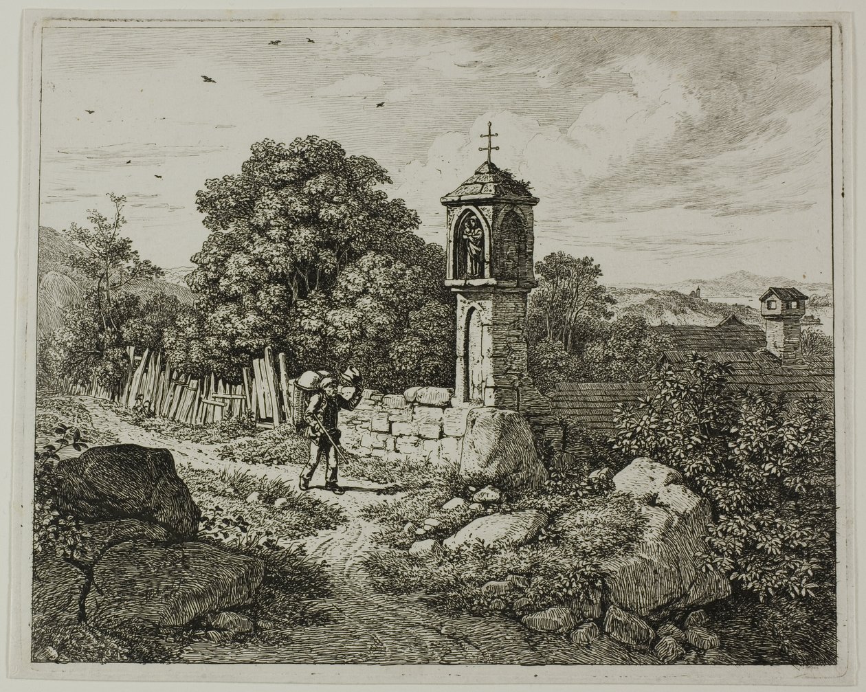 Boer Groet een Wegkapel van de Madonna, plaat één uit Die zwei grossen Landschaften mit den Betsäulen door Johann Christoph Erhard