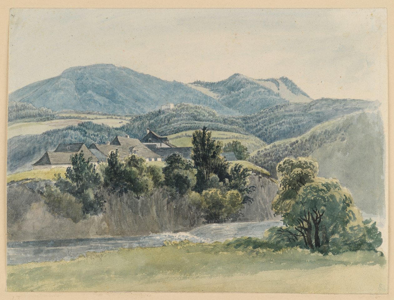 Rivier- en berglandschap bij Glocknitz door Johann Christoph Erhard