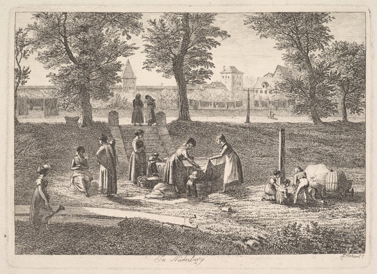 Buitenopname van vrouwen die huishoudelijke taken verrichten in Neurenberg, door Johann Christoph Erhard