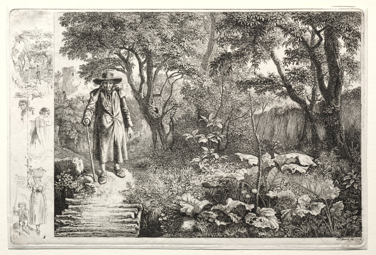 De oude man voor de boomstambrug Der Alte vor den Knuppelsteg, 1819 door Johann Christoph Erhard