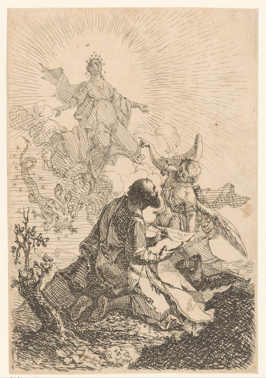 Johannes krijgt op Patmos een visioen waarin de heilige maagd de zevenkoppige draak verslaat door Johann Cimbal
