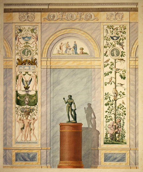 Tekening van de decoratie voor de achterwand van de eetzaal van het paleis in Kassel door Johann Conrad Bromeis